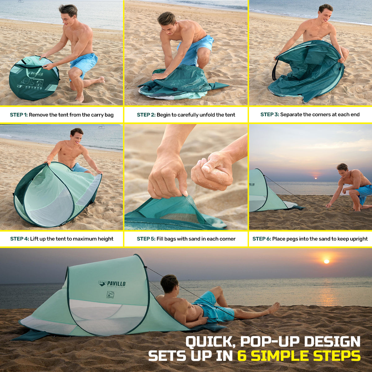 Bestway 2m x 1.2m Beach Tent for two people, featuring UV protection, mesh windows, and a carry bag, ideal for outdoor activities.